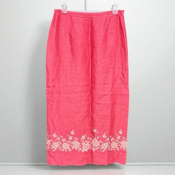 Ann Taylor Size 6 Pink Coral Linen Maxi Skirt Floral Embroidered Beaded Hem‎ - Picture 2 of 11